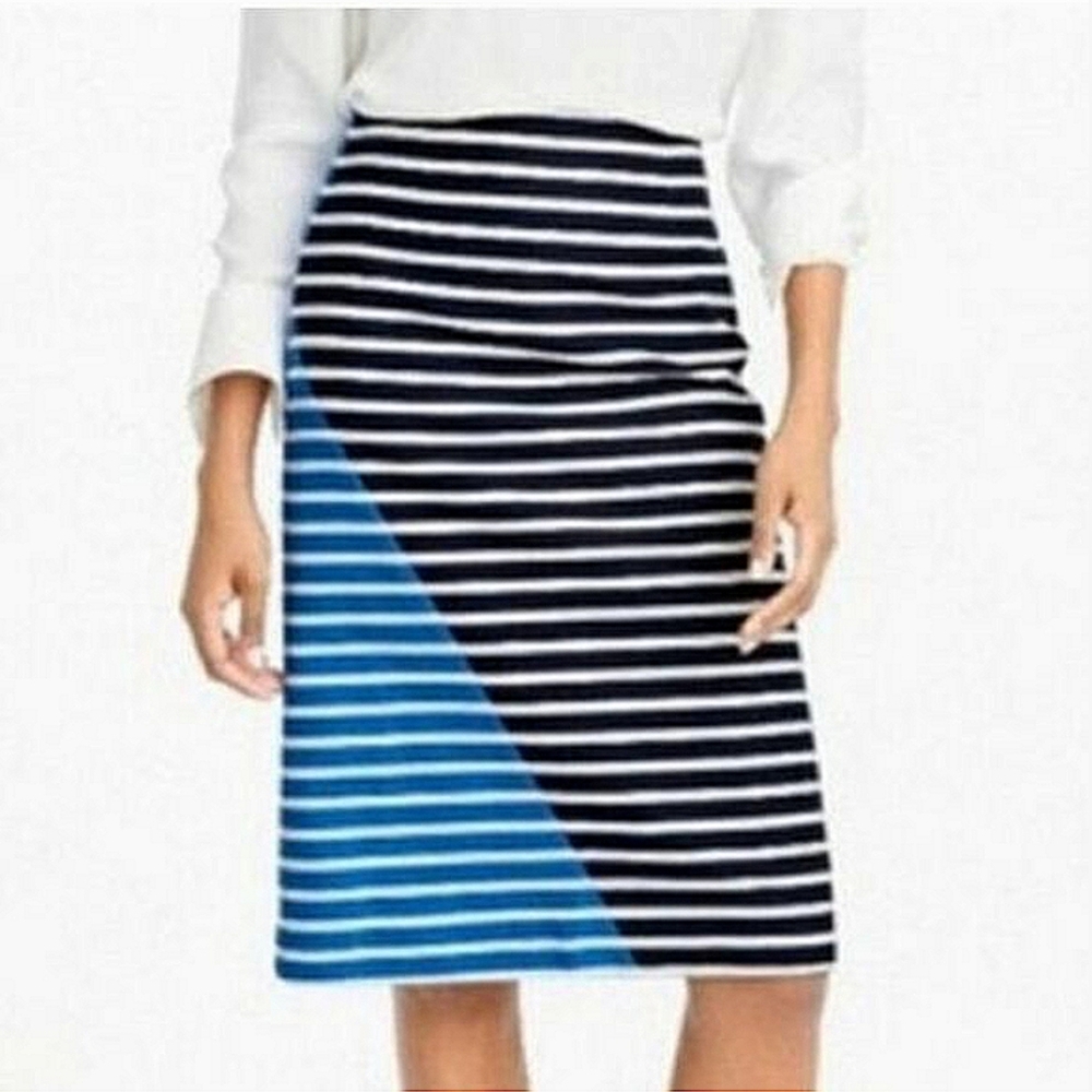J. Crew Turquoise Navy Blue Striped Colorblock Skirt Petite 0P Canvas A-Line